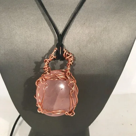 Rose Quartz Gemstone Solid Copper Pendant Unisex Genuine Leather Necklace Reiki